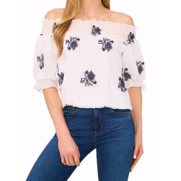 CeCe Women's Floral Printed‎ Puff Sleeve Smocked Off-the-shoulder Chiffon Blouse - Picture 1 of 13
